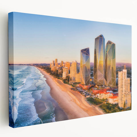 Scenic Queensland landscape on stretched canvas, featuring vibrant green and blue tones, suitable for kitchen wall art.