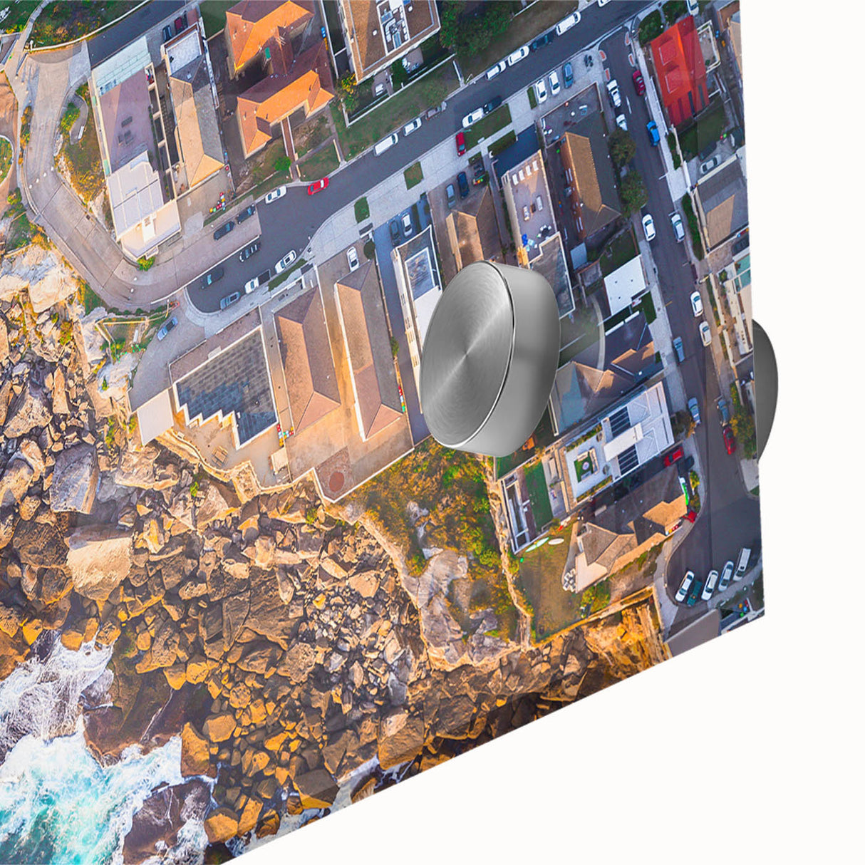 Large abstract depiction of Sydney skyline in muted earth tones on acrylic glass, ideal for dining room art.