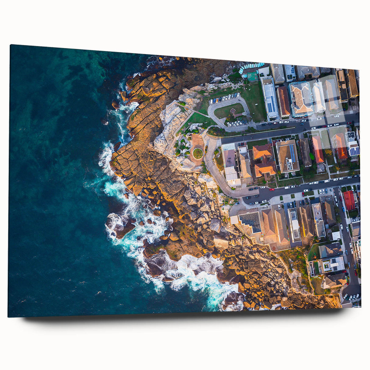Acrylic print of a large abstract depiction of the Sydney skyline in muted blue and gray tones.