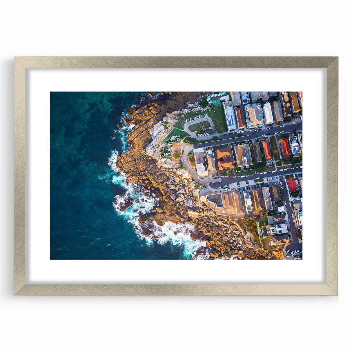 Extra large abstract art print of Sydney scenery in textured style, with silver frame, ideal for living room decor.