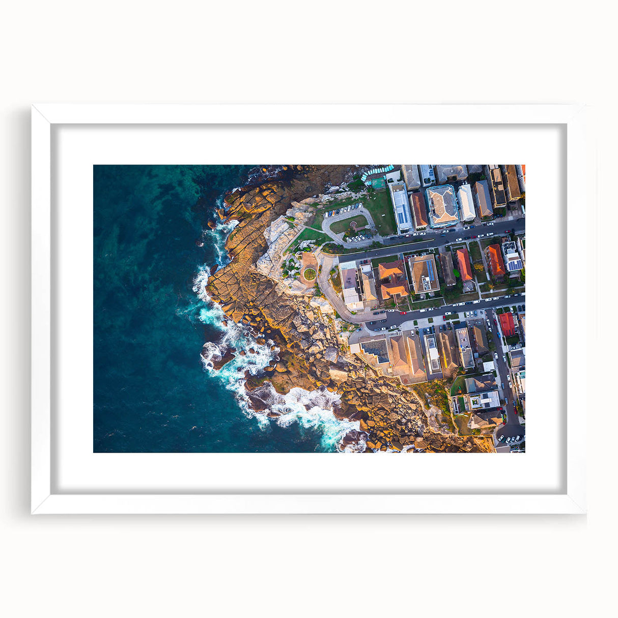 Textured abstract art print of Sydney skyline in muted blue and gray hues on a white framed canvas.