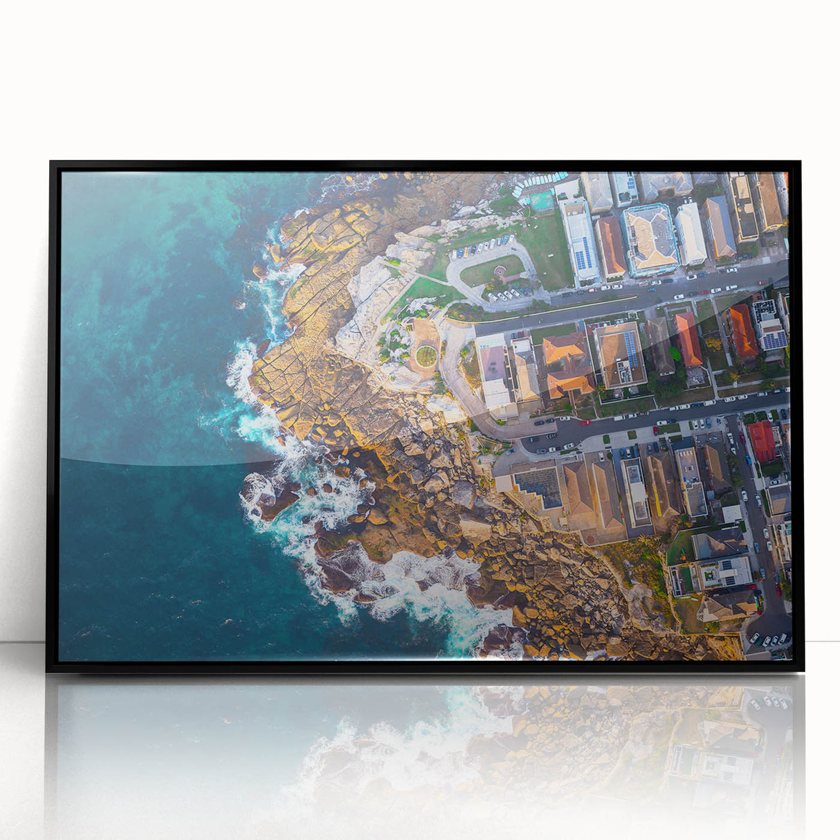 Large abstract wall art depicting the Sydney skyline in black and white tones on a framed acrylic.