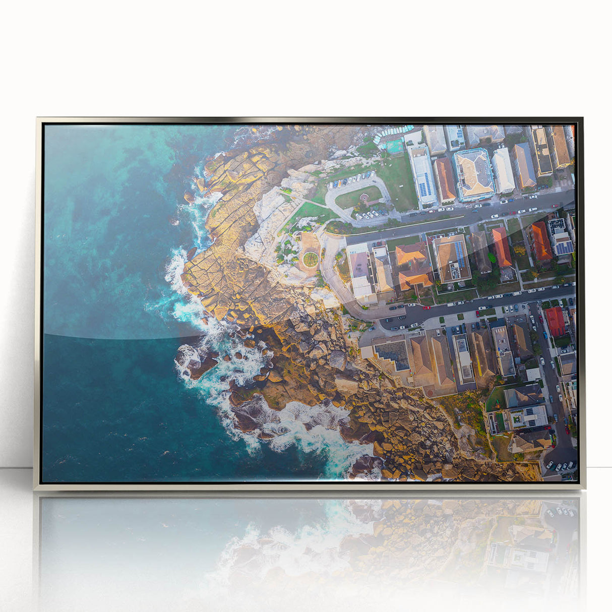 Large art print of Sydney skyline in muted gray and blue tones on a framed acrylic, ideal for modern art wall decor.