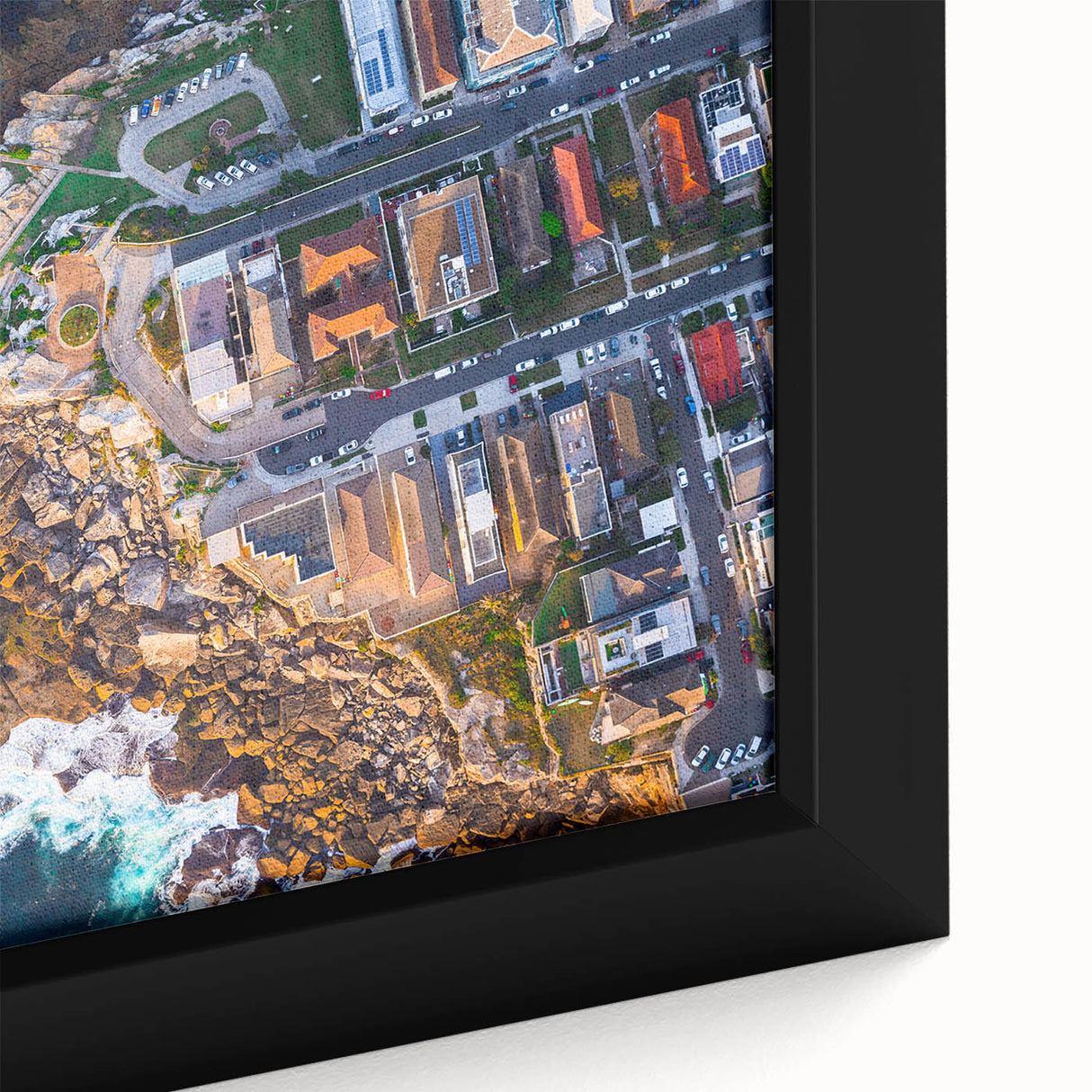 Extra large framed canvas of a textured Sydney skyline in black with colorful accents, ideal for living room decor.