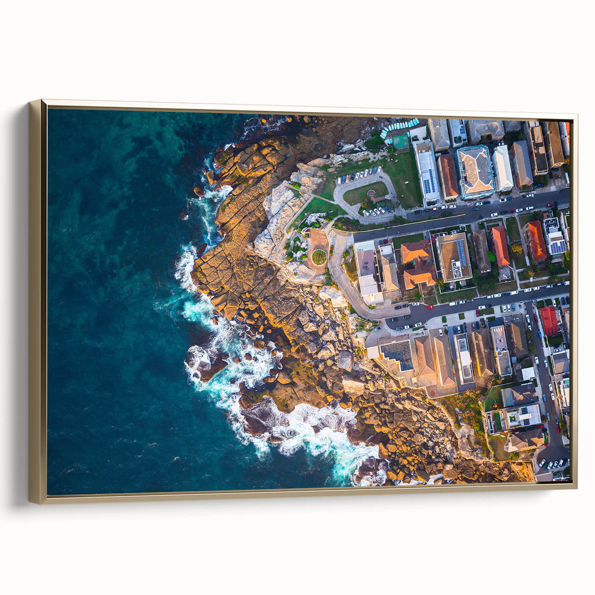 Framed canvas depicting the Sydney skyline in muted gold and black tones, suitable for bedroom wall art.