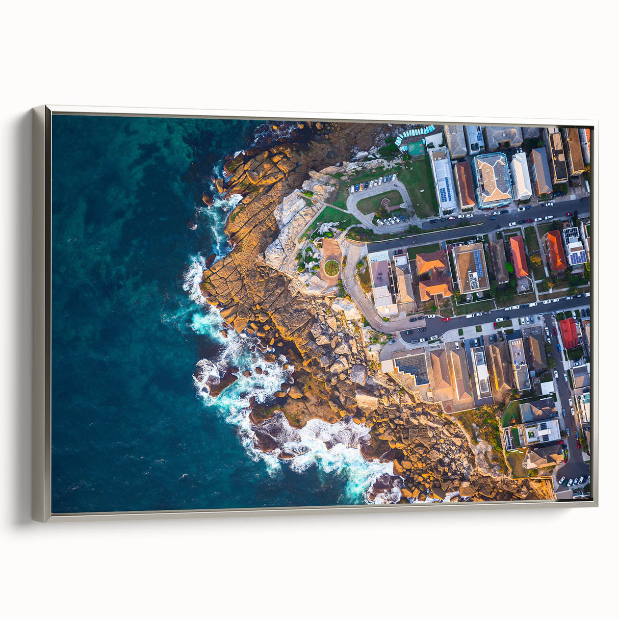Landscape art painting of Sydney with silver framed canvas, featuring vibrant colors on a black background.