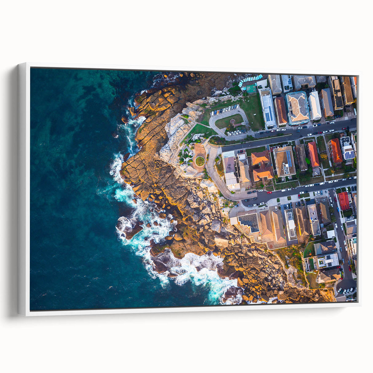 Vintage poster art of Sydney skyline, featuring colorful art on a white-framed canvas, ideal for living room decor.