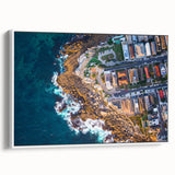 Vintage poster art of Sydney skyline, featuring colorful art on a white-framed canvas, ideal for living room decor.