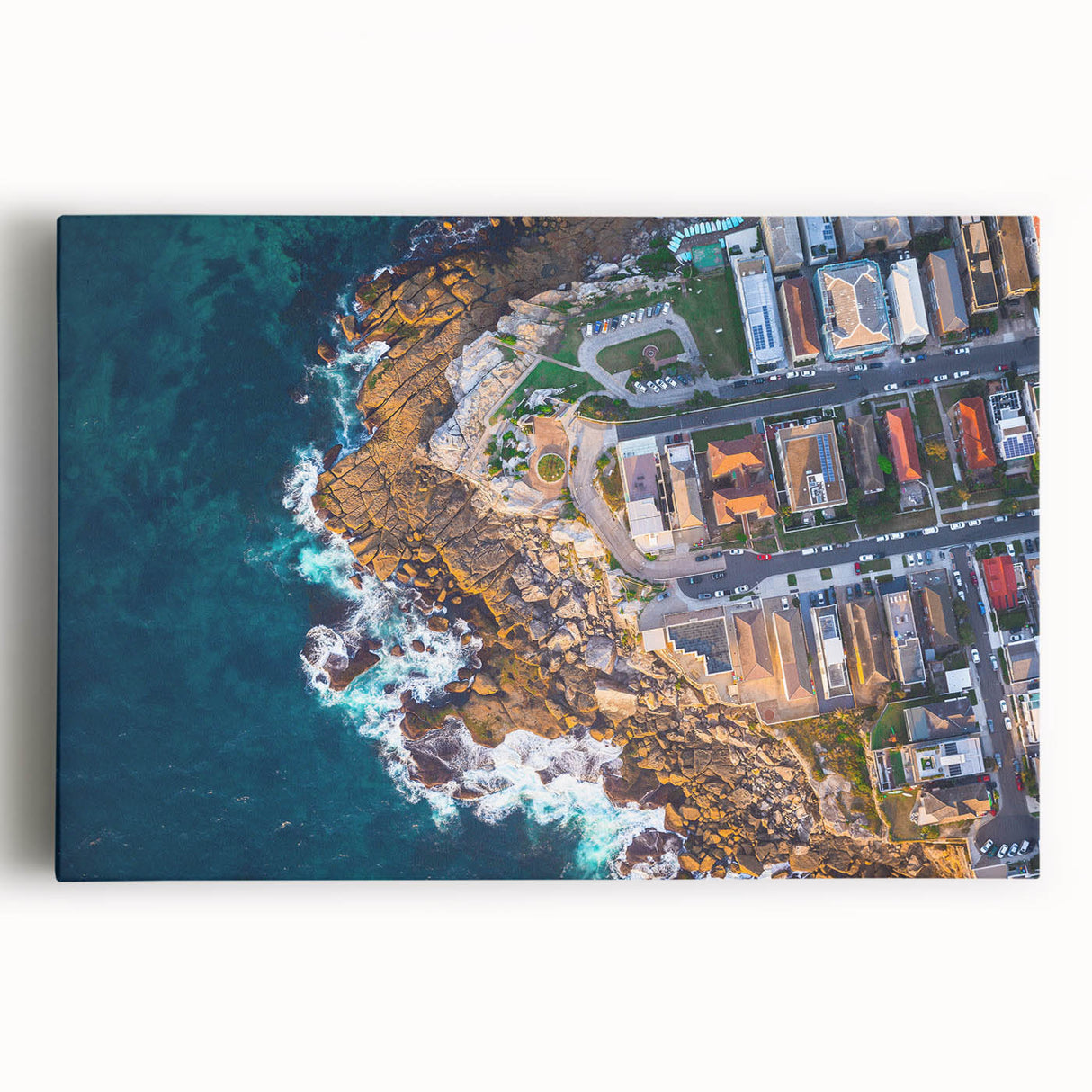 Black and white panoramic view of Sydney skyline on large stretched canvas, ideal for kitchen wall art.