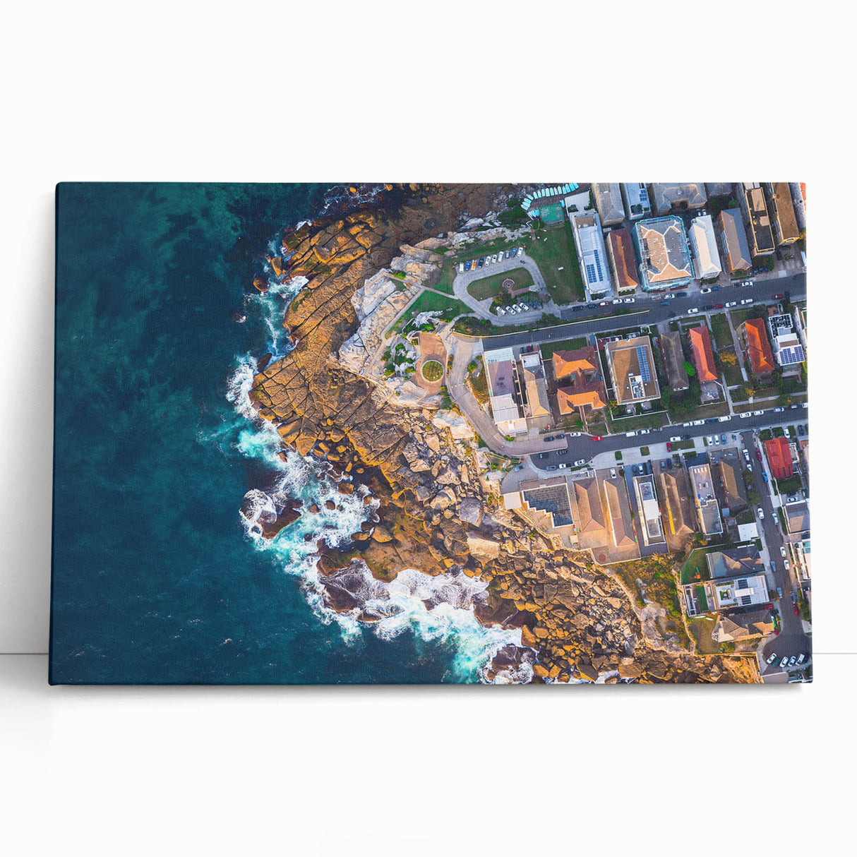 Black and white stretched canvas of Sydney skyline, ideal for kitchen wall art or bedroom.