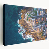Sydney skyline depicted in muted blue tones on a large stretched canvas, suitable for kitchen wall art.