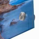 Large abstract wall art depicting Tasmania's landscape in muted earth tones on acrylic glass.