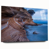 Large abstract wall art of Tasmanian scenery in muted earth tones on acrylic glass.