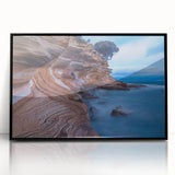 Large abstract wall art featuring a Tasmanian landscape in earthy tones on a black framed acrylic.