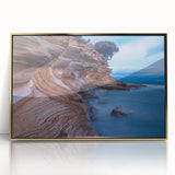 Mid-century modernist art depicting Tasmania scenery in gold and green tones on a framed acrylic print.