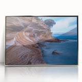 Acrylic print of a Tasmanian landscape in muted colors, framed in silver, suitable for modern art wall decor.