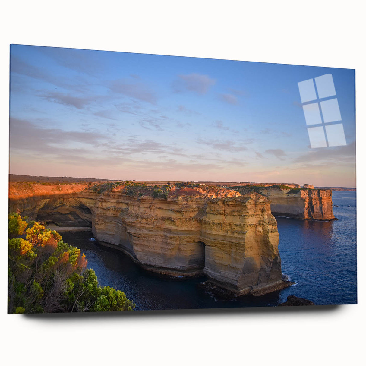 Large abstract wall art of Australian scenery in muted earth tones on acrylic glass.