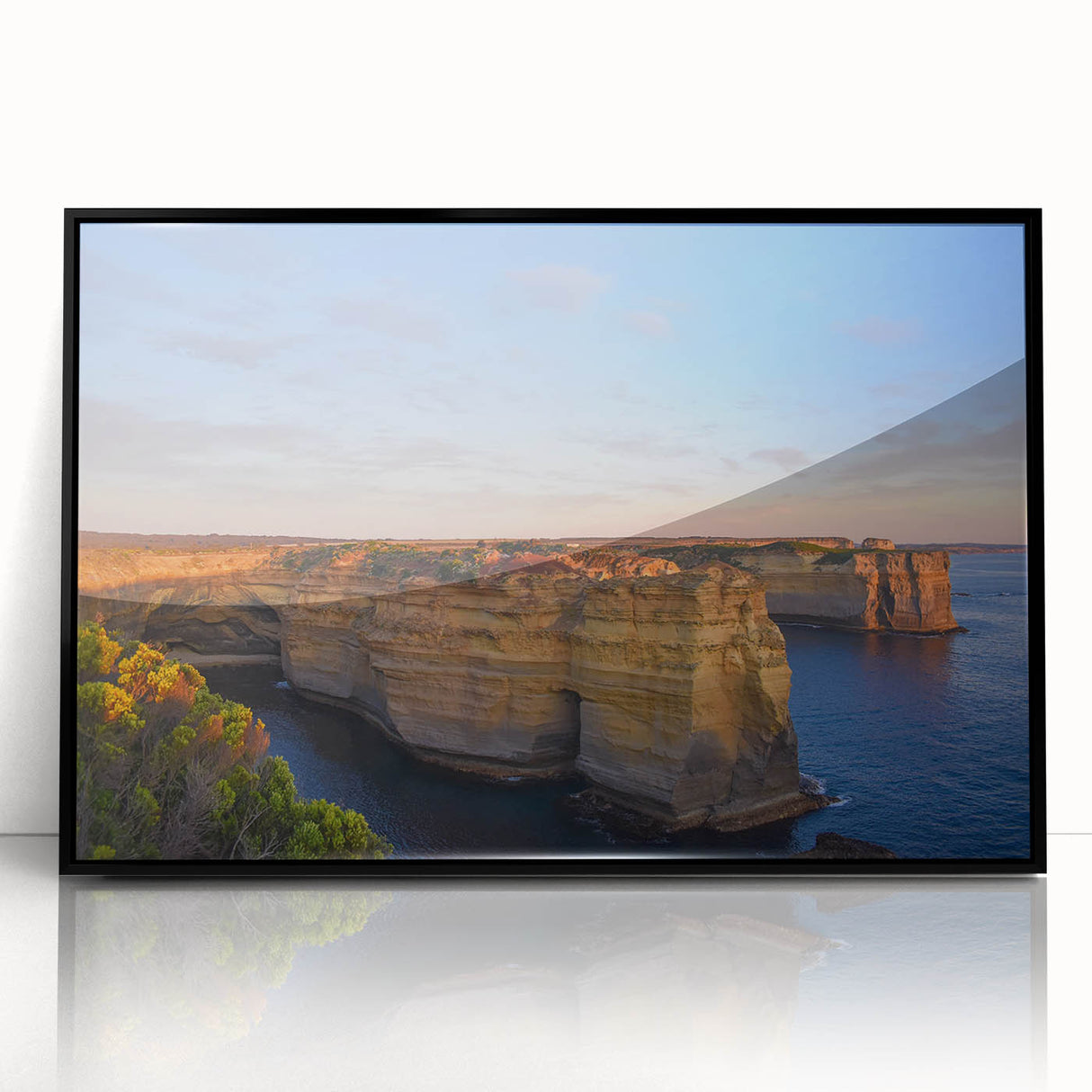 Large abstract wall art depicting an Australian landscape in muted earth tones on a black framed acrylic print.