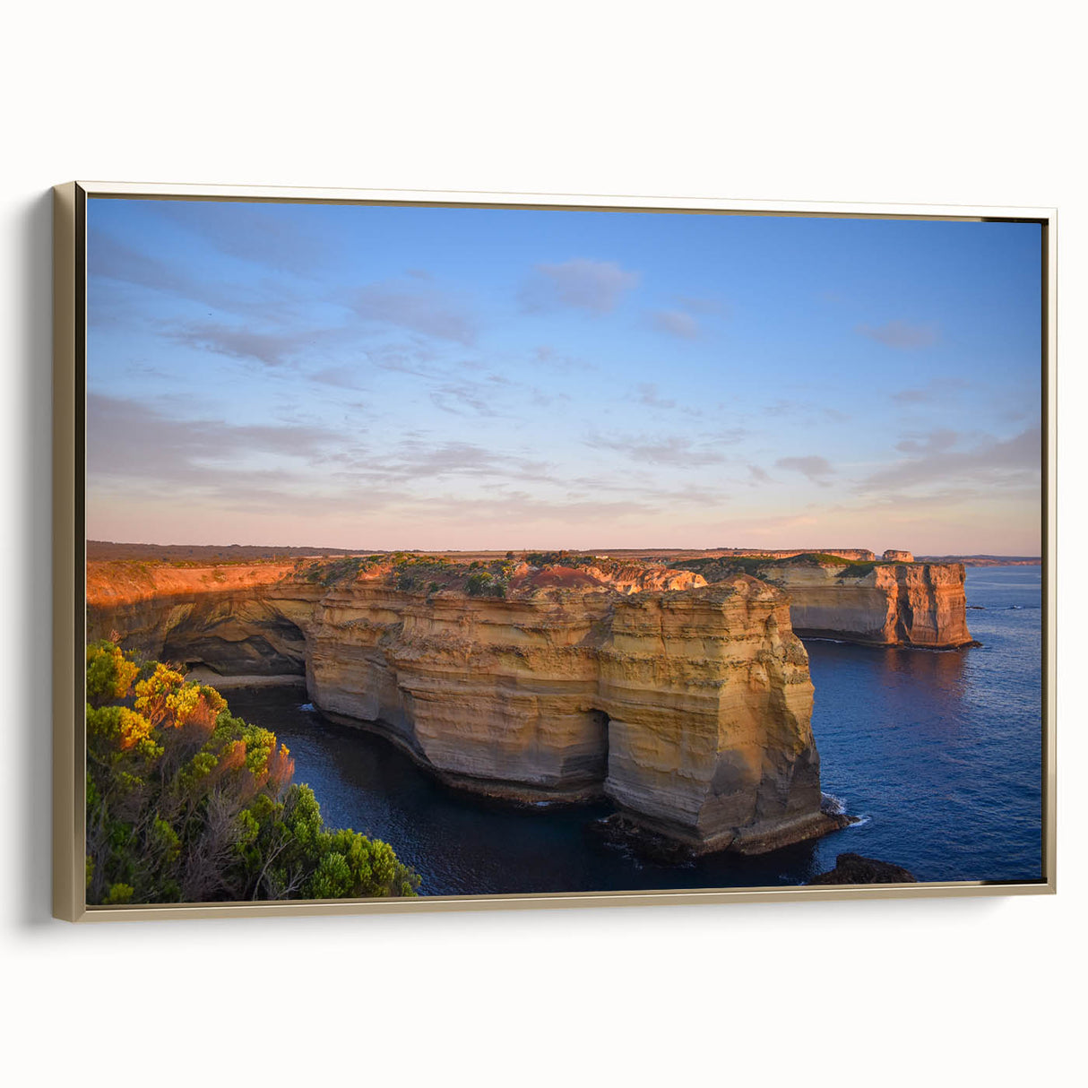 Framed canvas featuring a vintage-style Australian landscape in muted gold and black tones, ideal for bedroom wall art.