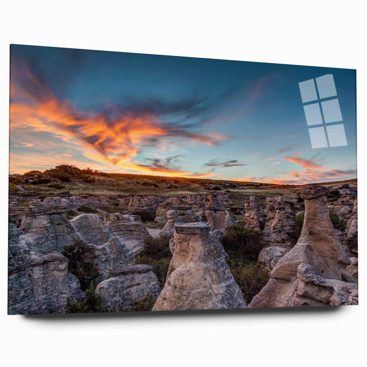 Large abstract wall art depicting the Alberta, Canada scenery in muted earth tones on acrylic glass.