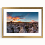 Extra large abstract art print of Alberta scenery in muted earth tones, framed with a gold mat, ideal for living room decor.