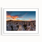 Abstract art print of Alberta, Canada scenery in muted earth tones on a framed white mat, ideal for dining room decor.