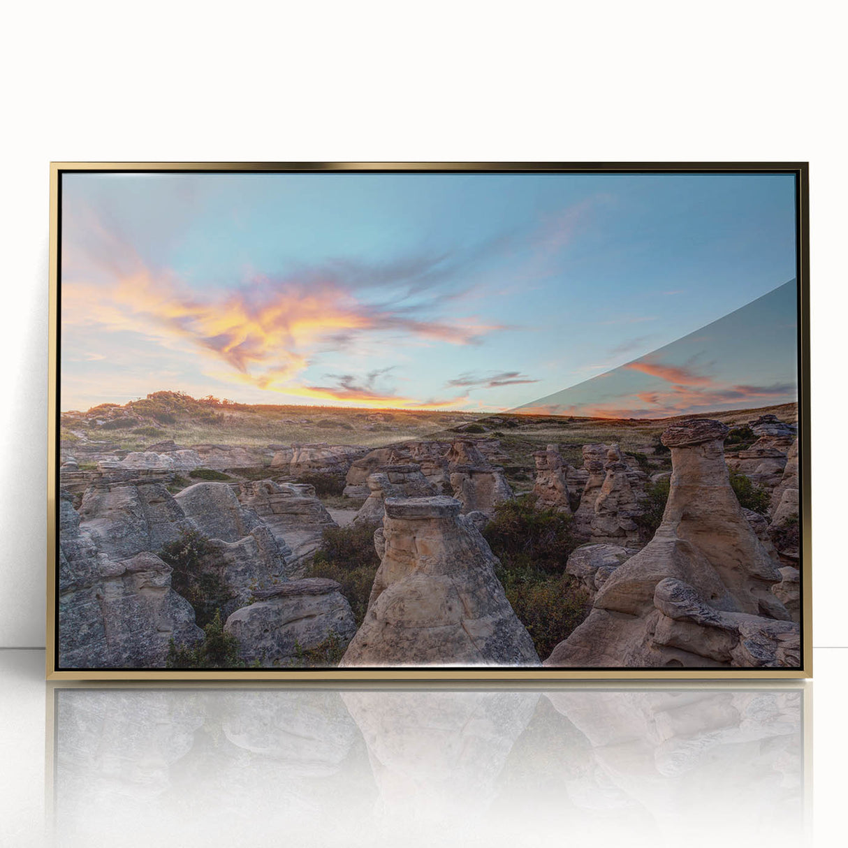 Framed acrylic print of a serene Alberta, Canada landscape in soft earth tones, ideal for modern art wall decor.
