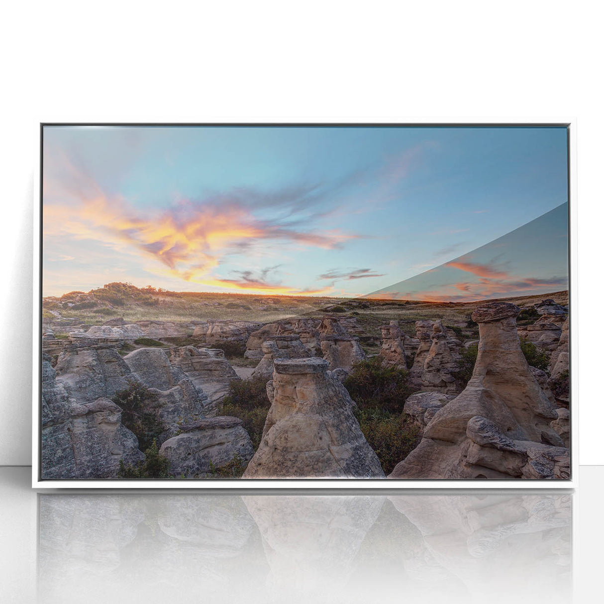 Acrylic print of Alberta, Canada scenery in muted earth tones, framed in white, suitable for modern art wall decor.