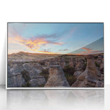 Acrylic print of Alberta, Canada scenery in muted earth tones, framed in white, suitable for modern art wall decor.