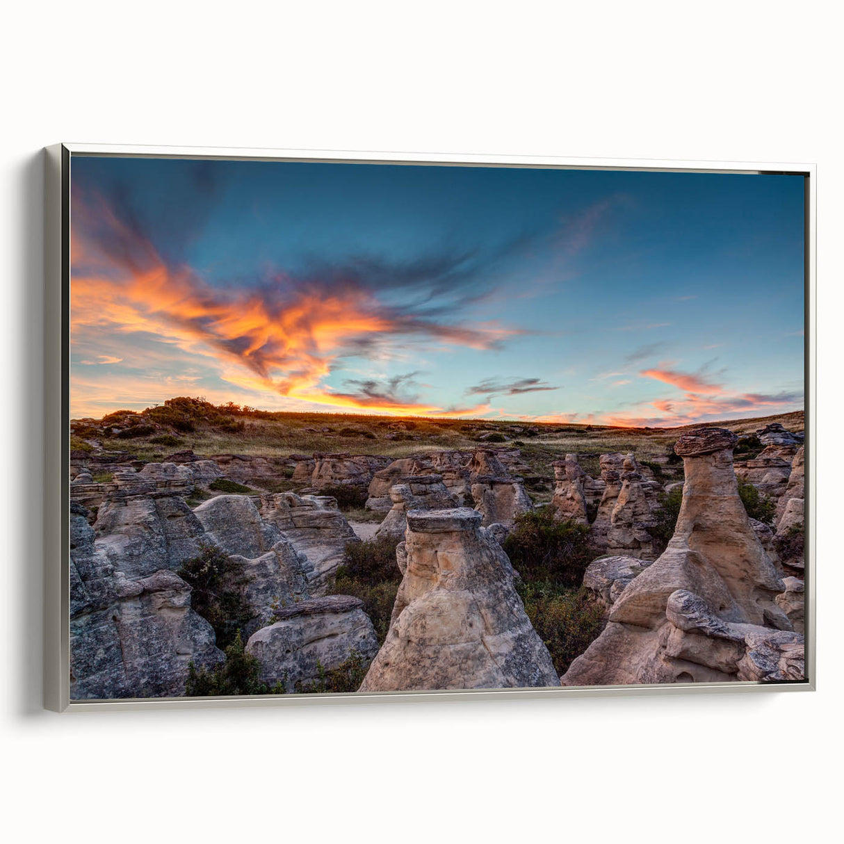 Framed canvas landscape art painting featuring a scenic view of Alberta, Canada with vibrant green and blue tones.