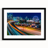 Colorful abstract art print of British Columbia scenery on a textured, extra large canvas, framed in black.