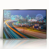 Mid-century modernist art depicting British Columbia scenery in silver-framed acrylic, suitable for modern art wall decor.