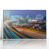 Framed acrylic print of British Columbia scenery in art deco style, featuring green landscapes and blue skies.