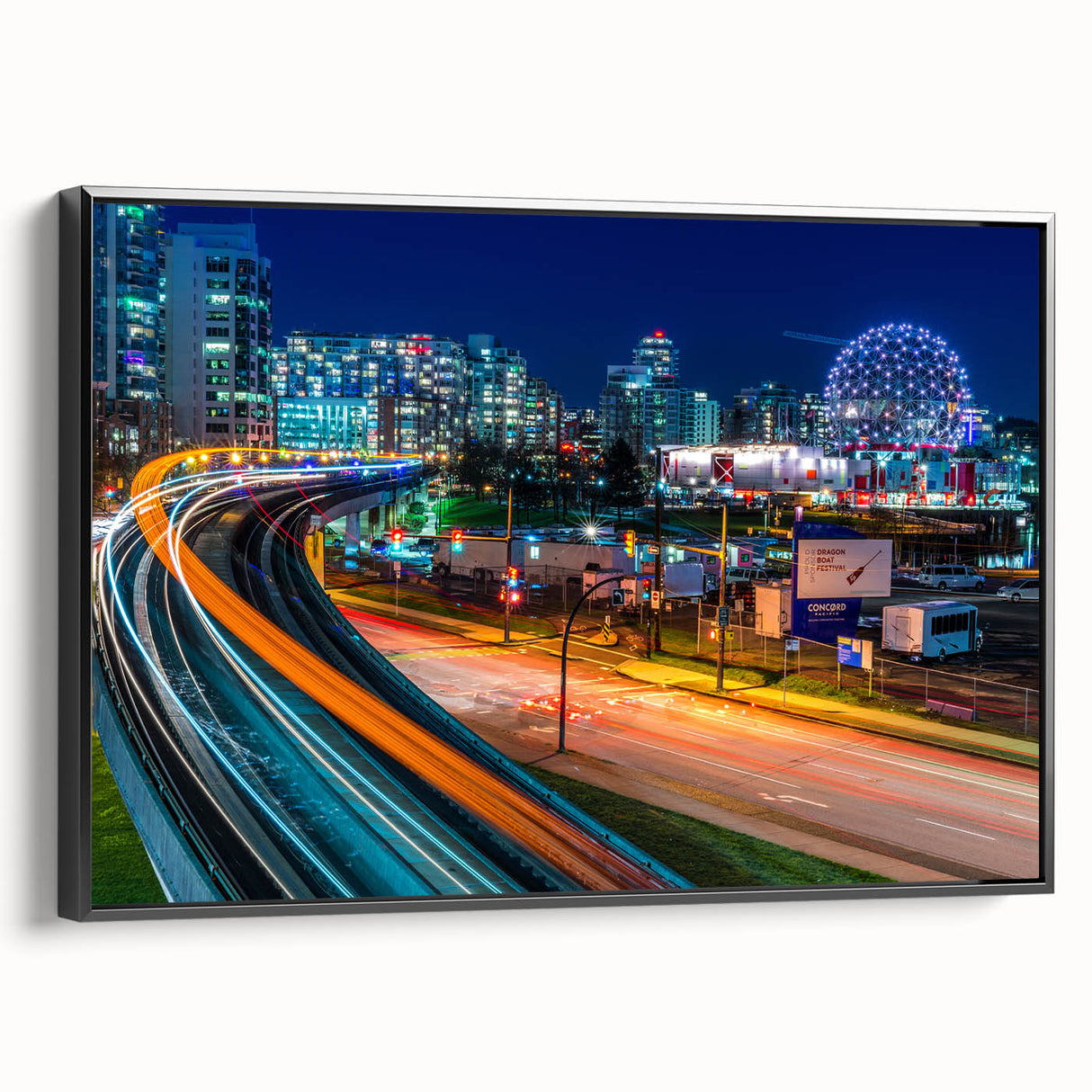 Black and white framed canvas of British Columbia landscape, ideal for bedroom wall decor.