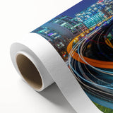 Art deco poster of British Columbia scenery on rolled canvas, featuring cool blue and green tones.