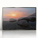 Mid-century modernist art depicting Manitoba scenery with muted earth tones on a framed acrylic print.