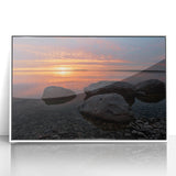 Art deco poster of Manitoba scenery in subdued colors on a white framed acrylic, suitable for modern nursery decor.