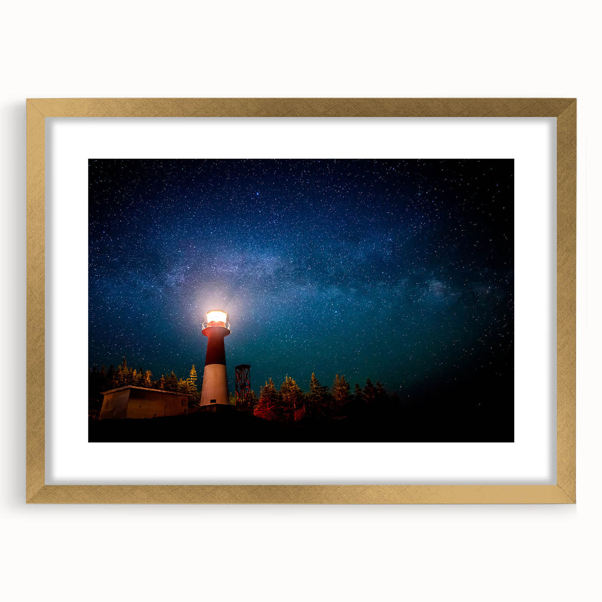 Extra large abstract art print of a textured Canadian landscape in muted earth tones, framed in gold.