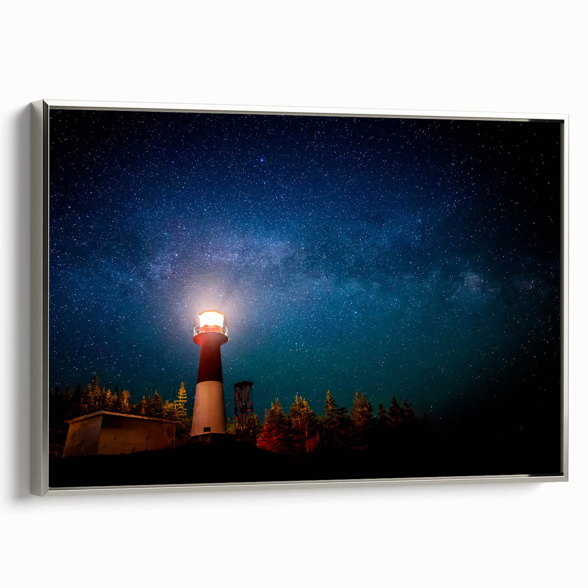 Landscape painting of New Brunswick scenery on a framed canvas, featuring a vintage poster style with muted colors.