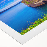 Art deco poster of Newfoundland scenery in muted blues and greens on rolled canvas, suitable for dining room wall art.