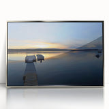 Mid-century modernist art depicting Northwest Territories scenery in muted earth tones on a silver-framed acrylic print.