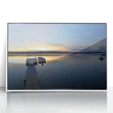 Art deco poster of Northwest Territories landscape in muted earth tones, acrylic print framed in white.