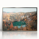 Mid-century modernist art depicting a serene Nova Scotia landscape in cool blue tones on a framed acrylic print.