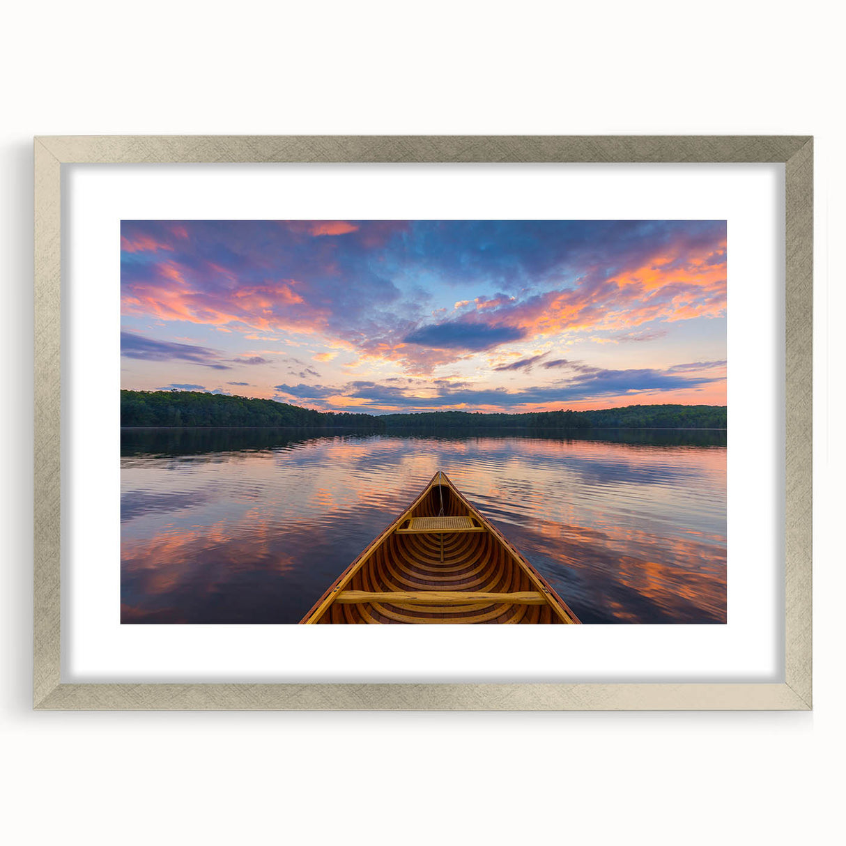 Textured abstract art print of Ontario scenery in muted earth tones, framed in silver, ideal for bedroom art.