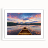 Abstract art print of a serene Ontario landscape, in muted blues and greens, framed with a white mat.