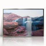 Mid-century modernist art depicting Prince Edward, Canada scenery in muted earth tones on a silver-framed acrylic.