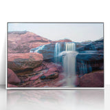 Art deco poster of Prince Edward Island scenery in muted green and blue tones, acrylic print framed in white.