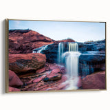 Framed canvas wall art depicting a serene Prince Edward Island landscape in muted greens and blues, ideal for bedroom decor.