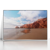 Acrylic print of Quebec scenery in art deco style, with soft pastel colors, framed in white, suitable for nursery wall art.