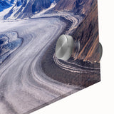 Large abstract wall art depicting a Yukon scenery in muted earth tones on acrylic glass, suitable for dining room ambiance.